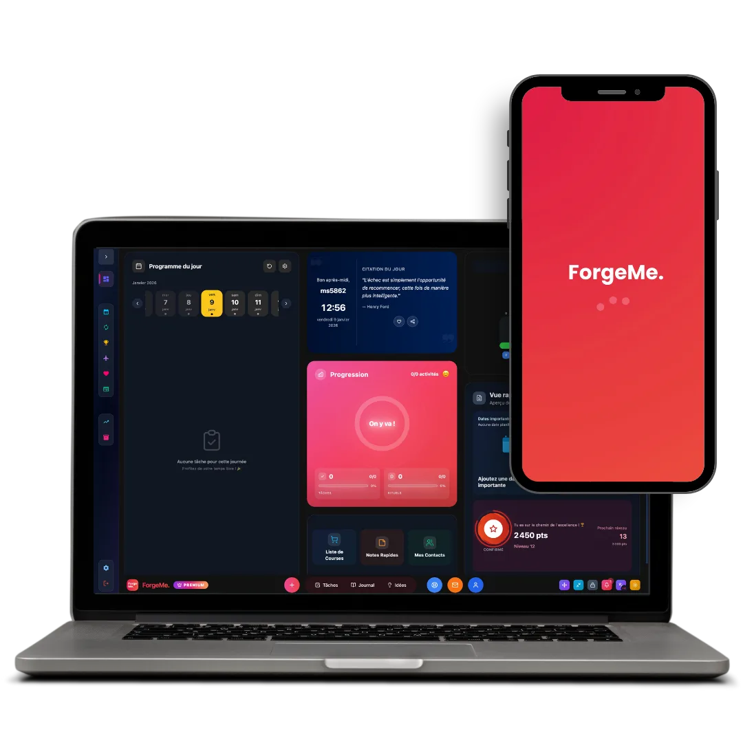 ForgeMe App interface showing tasks, goals and habits tracking