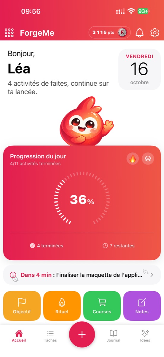 ForgeMe home: “Hello, Léa”, today's date and progress